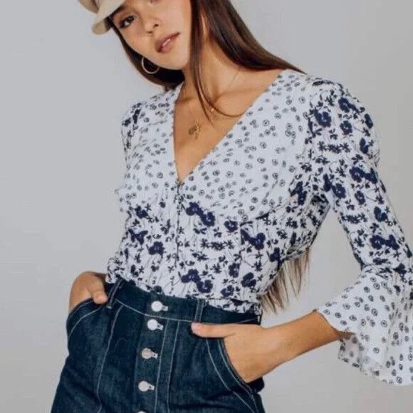 Free People Lady Bohemian Bell Sleeve Floral Crop Smocked Top - Picture 1 of 8